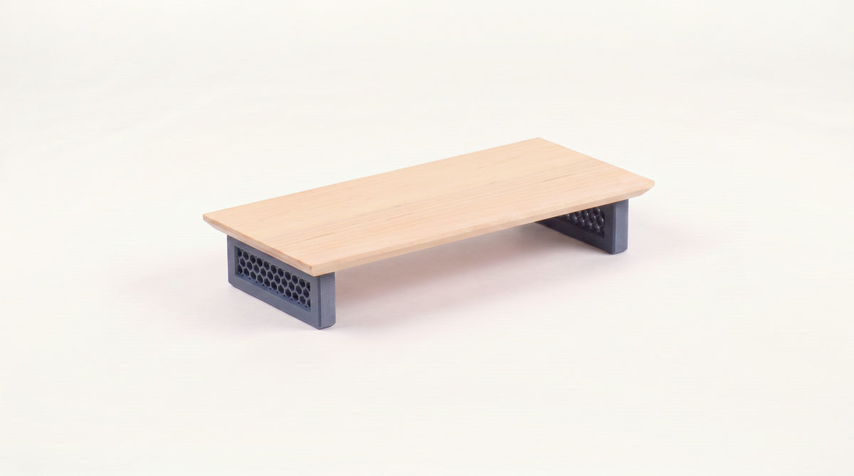 Single monitor riser in Maple with Hex legs in Muted Blue