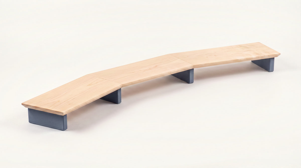 Triple monitor riser in Maple with Flat legs in Muted Blue