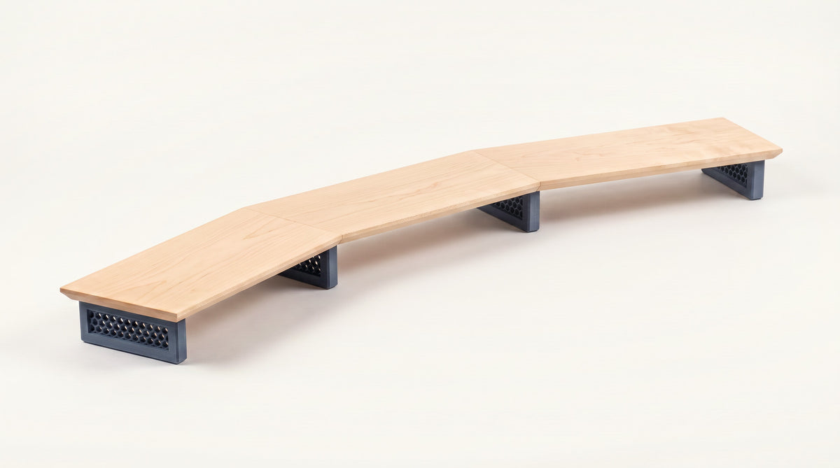 Triple monitor riser in Maple with Hex legs in Muted Blue